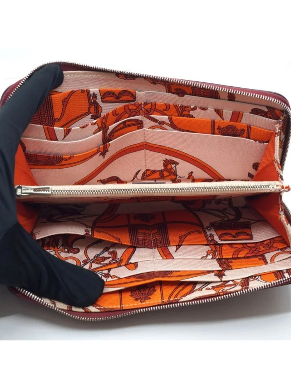 Hermes Azap Long Silk'in Bordeaux Red Silver Wallet